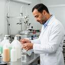 Jaouad Lucci bei der Qualitätsprüfung von Reinigungsmitteln in der Produktion