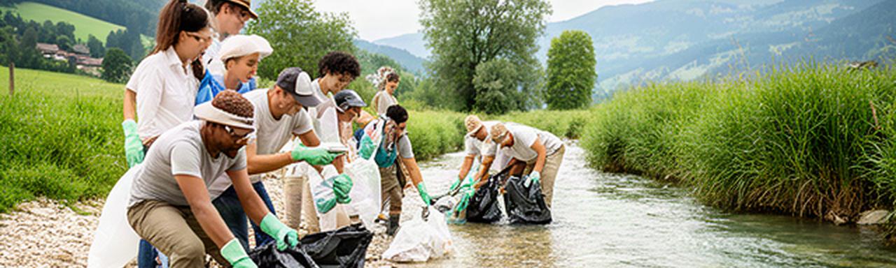 Team von Mülibach Hygiene Lyss GmbH sammelt Abfall an einem Schweizer Gewässer nahe Lyss