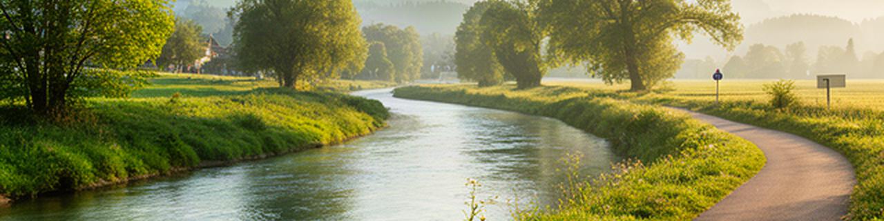 Grüne Flusslandschaft und Radweg in der Region Bern nahe Lyss