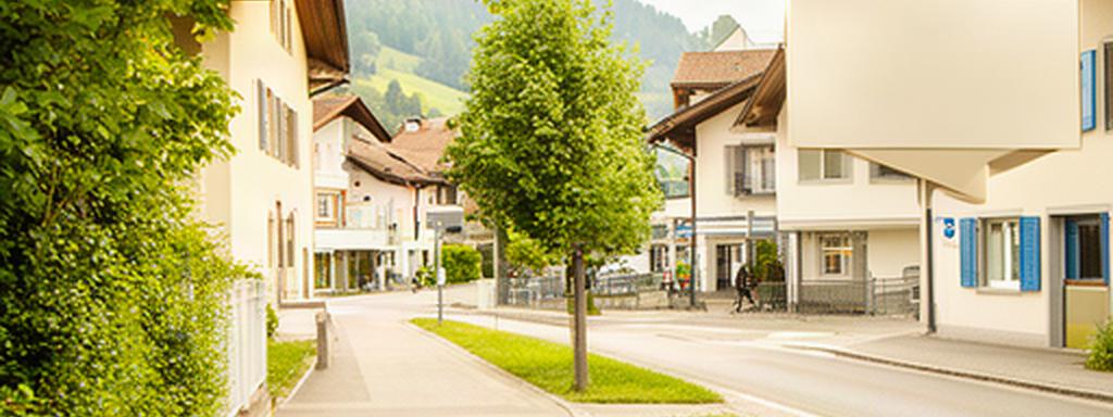 Helle Ansicht der Länggasse in Lyss mit Wegweiser und begrüntem Strassenrand